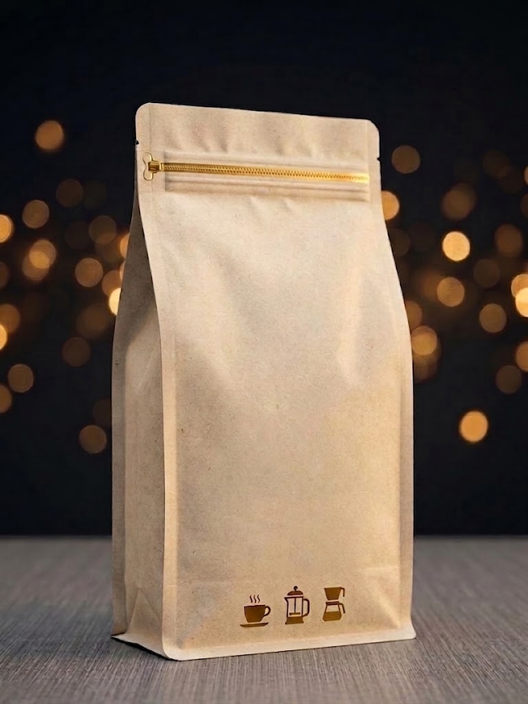 Subito Company branded coffee bag with premium roasted beans spilling out