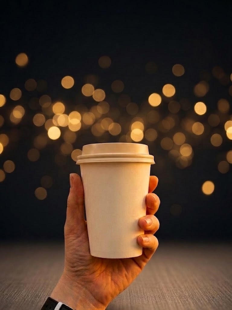 Cream-white Subito Company branded to-go cup being filled with fresh coffee
