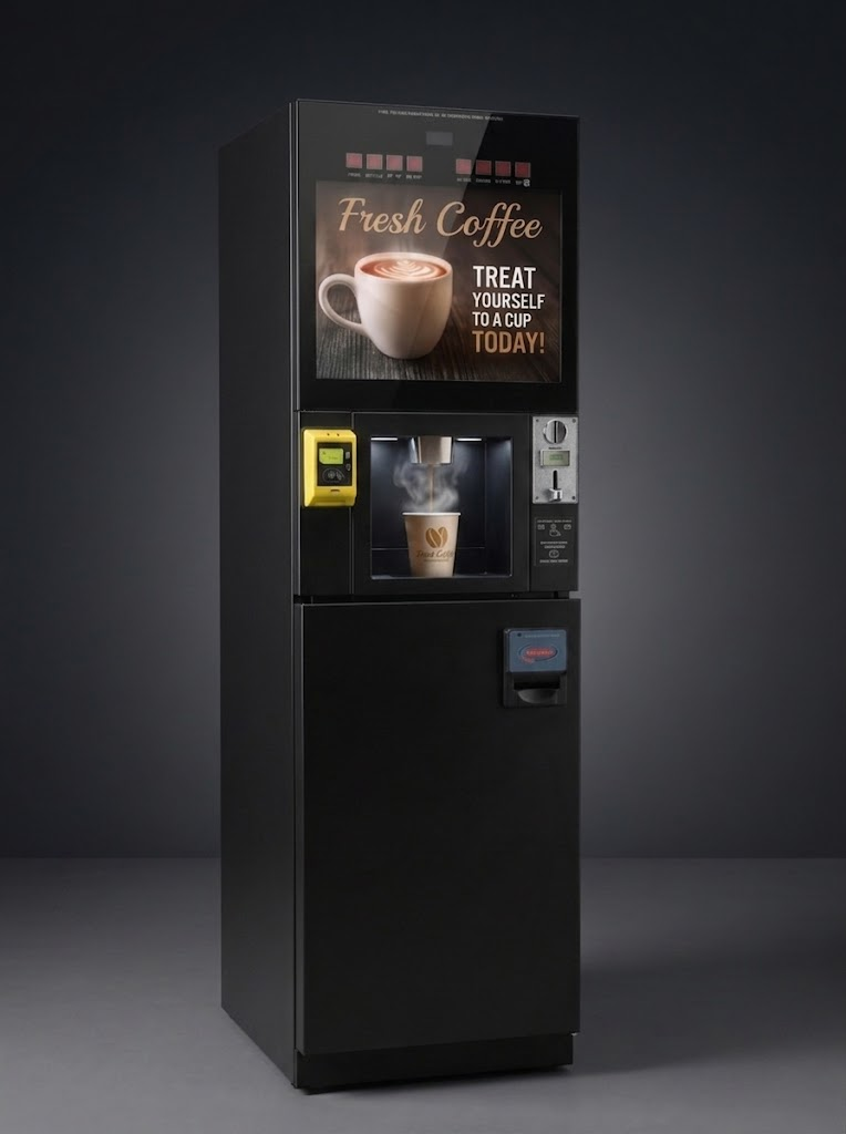 Front view of the bean-to-cup vending machine on a dark studio background, showing the touchscreen display, dispensing area, and yellow Nayax cashless terminal