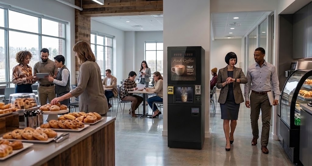 Bean-to-cup vending machine placed in a busy office café area with customers nearby